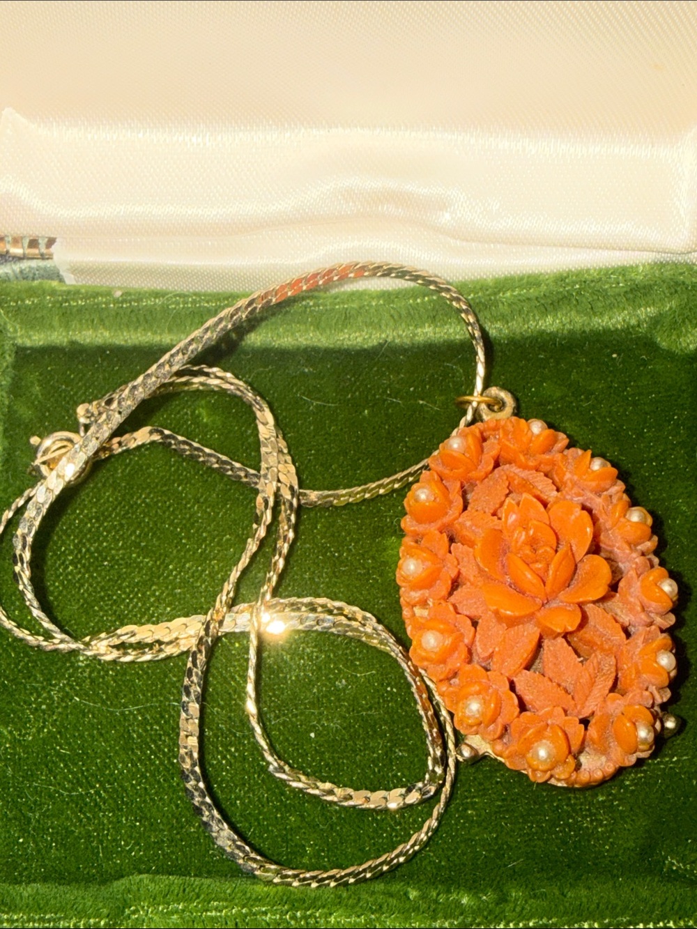 Gold-Tone Chain Necklace with Carved Orange Floral Pendant